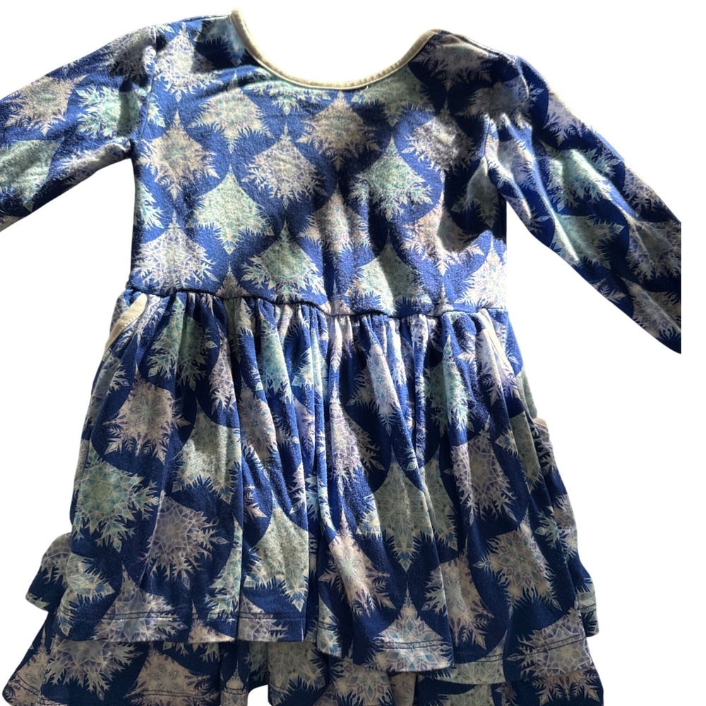 HANLYN COLLECTIVE Kids 2T Blue Snowflake Ruffle Tiered Long Sleeve Dress